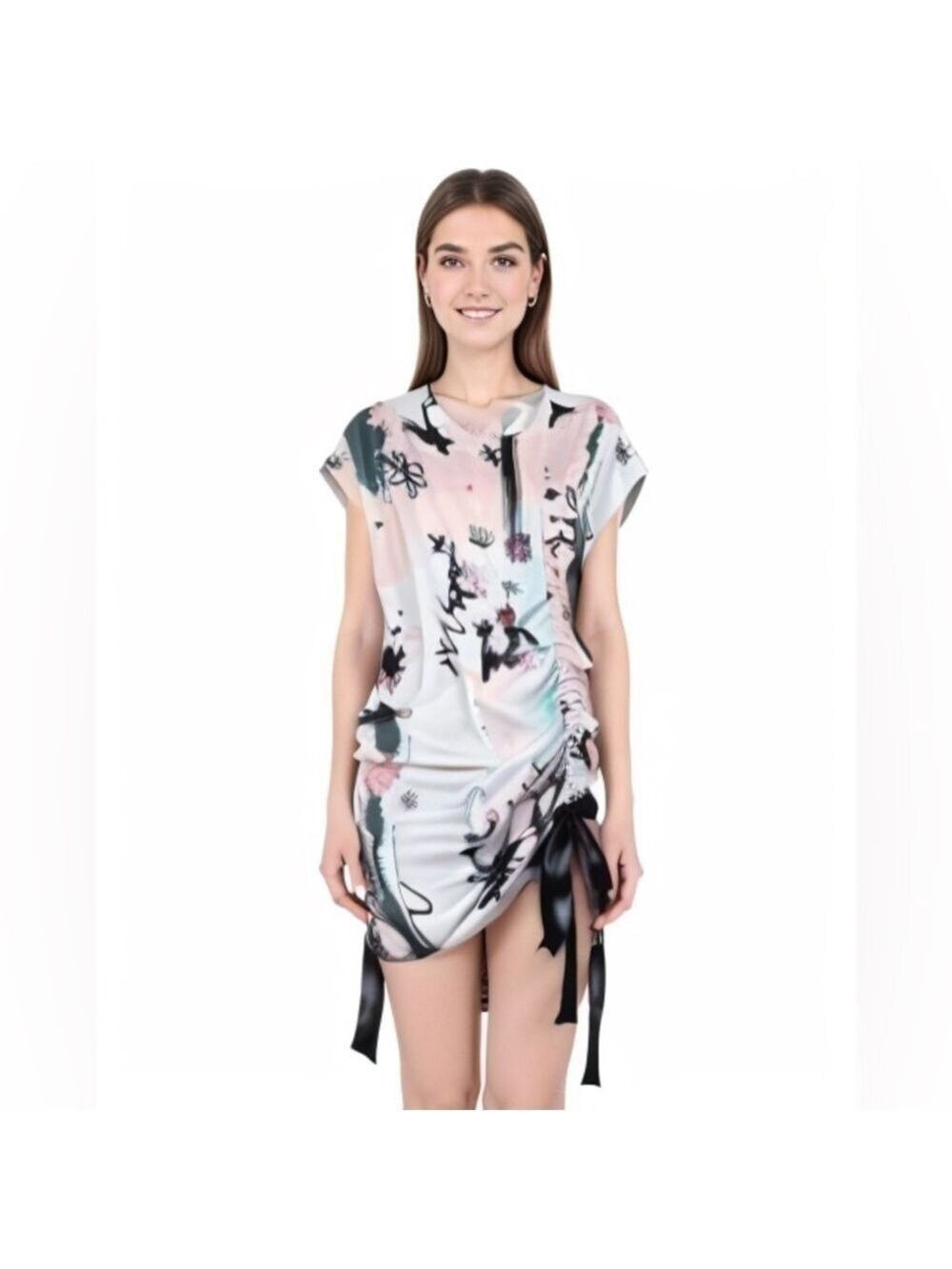 ASOS Abstract Side Ruched Ribbon Tie Dress - Picture 2 of 16